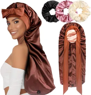 1 3 Long Satin Bonnets with Scrunchies for Women Sleeping, Double Layer Large Braid Bonnet with Tie Band