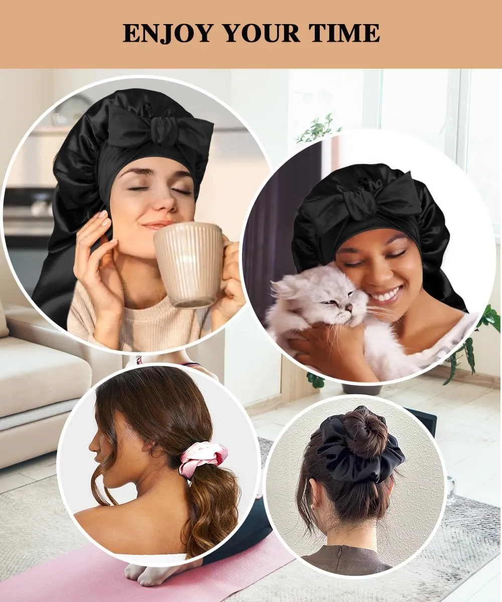 1 3 Long Satin Bonnets with Scrunchies for Women Sleeping, Double Layer Large Braid Bonnet with Tie Band