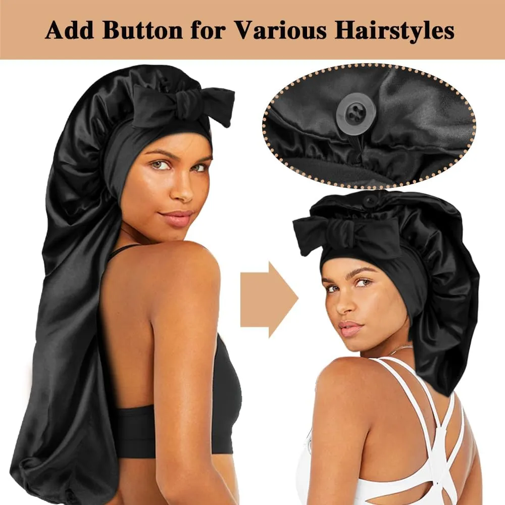 1 3 Long Satin Bonnets with Scrunchies for Women Sleeping, Double Layer Large Braid Bonnet with Tie Band