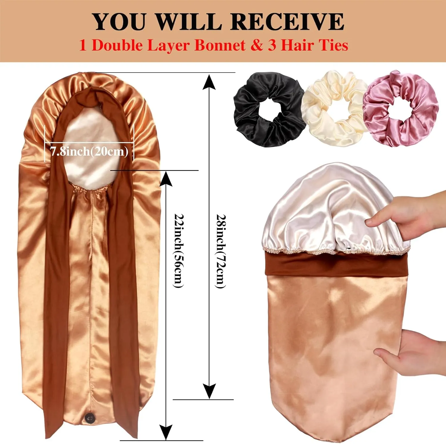 1 3 Long Satin Bonnets with Scrunchies for Women Sleeping, Double Layer Large Braid Bonnet with Tie Band