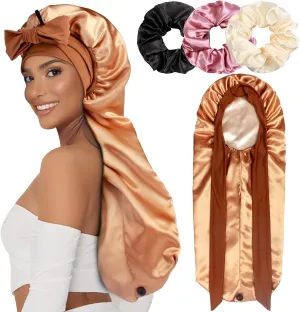 1 3 Long Satin Bonnets with Scrunchies for Women Sleeping, Double Layer Large Braid Bonnet with Tie Band