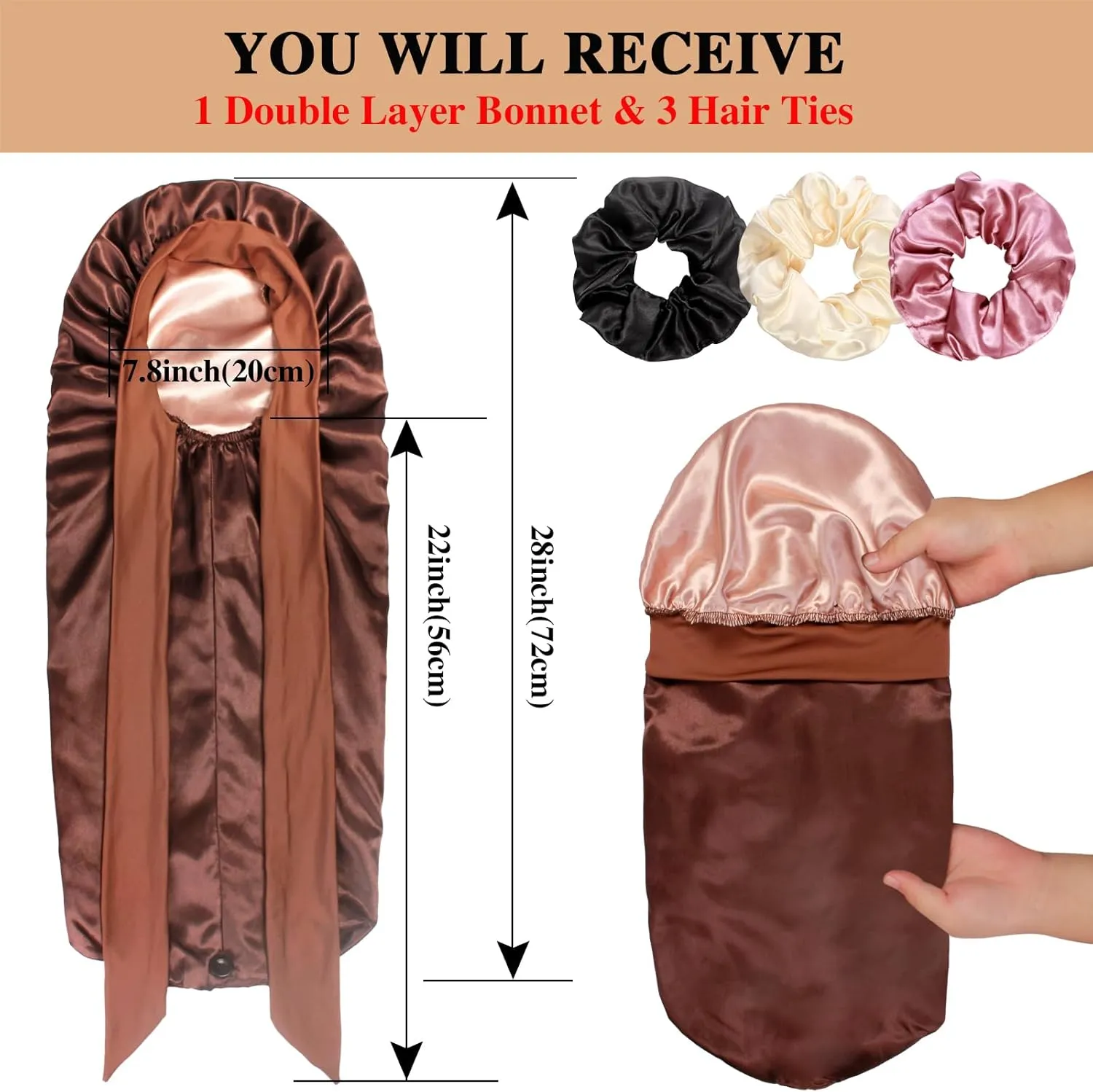 1 3 Long Satin Bonnets with Scrunchies for Women Sleeping, Double Layer Large Braid Bonnet with Tie Band