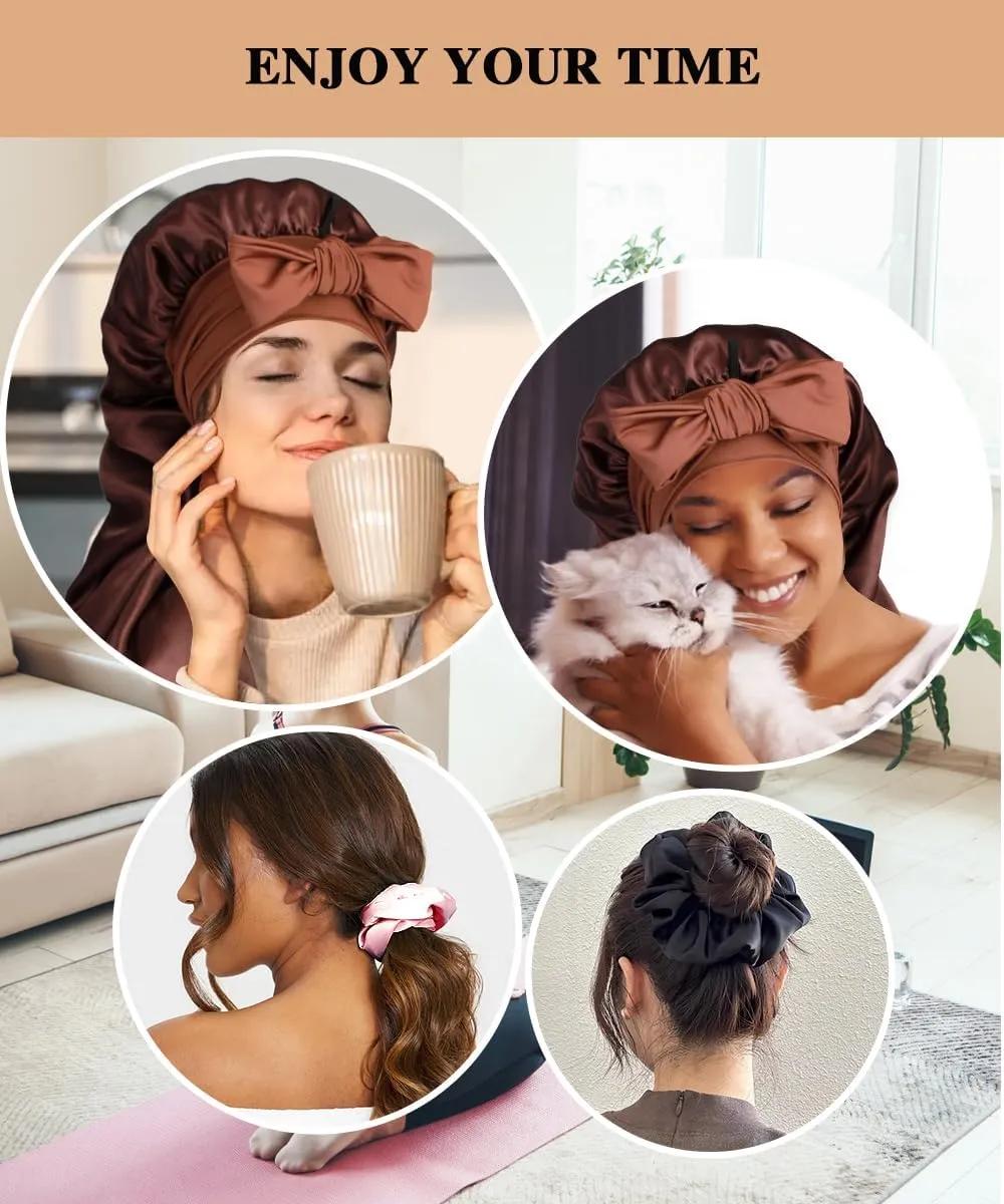 1 3 Long Satin Bonnets with Scrunchies for Women Sleeping, Double Layer Large Braid Bonnet with Tie Band