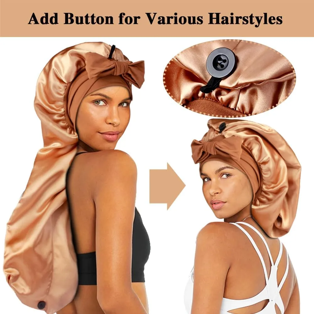 1 3 Long Satin Bonnets with Scrunchies for Women Sleeping, Double Layer Large Braid Bonnet with Tie Band