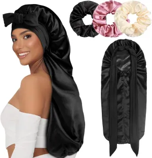 1 3 Long Satin Bonnets with Scrunchies for Women Sleeping, Double Layer Large Braid Bonnet with Tie Band