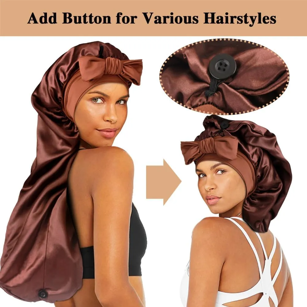 1 3 Long Satin Bonnets with Scrunchies for Women Sleeping, Double Layer Large Braid Bonnet with Tie Band