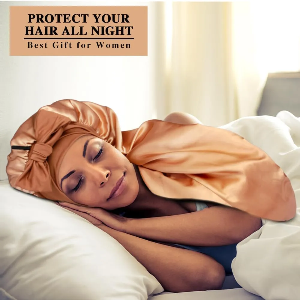 1 3 Long Satin Bonnets with Scrunchies for Women Sleeping, Double Layer Large Braid Bonnet with Tie Band