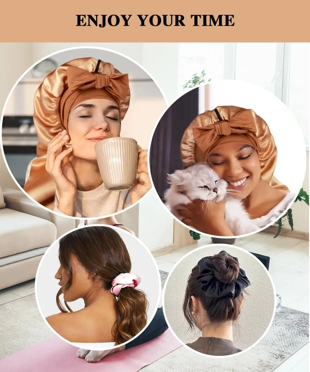 1 3 Long Satin Bonnets with Scrunchies for Women Sleeping, Double Layer Large Braid Bonnet with Tie Band