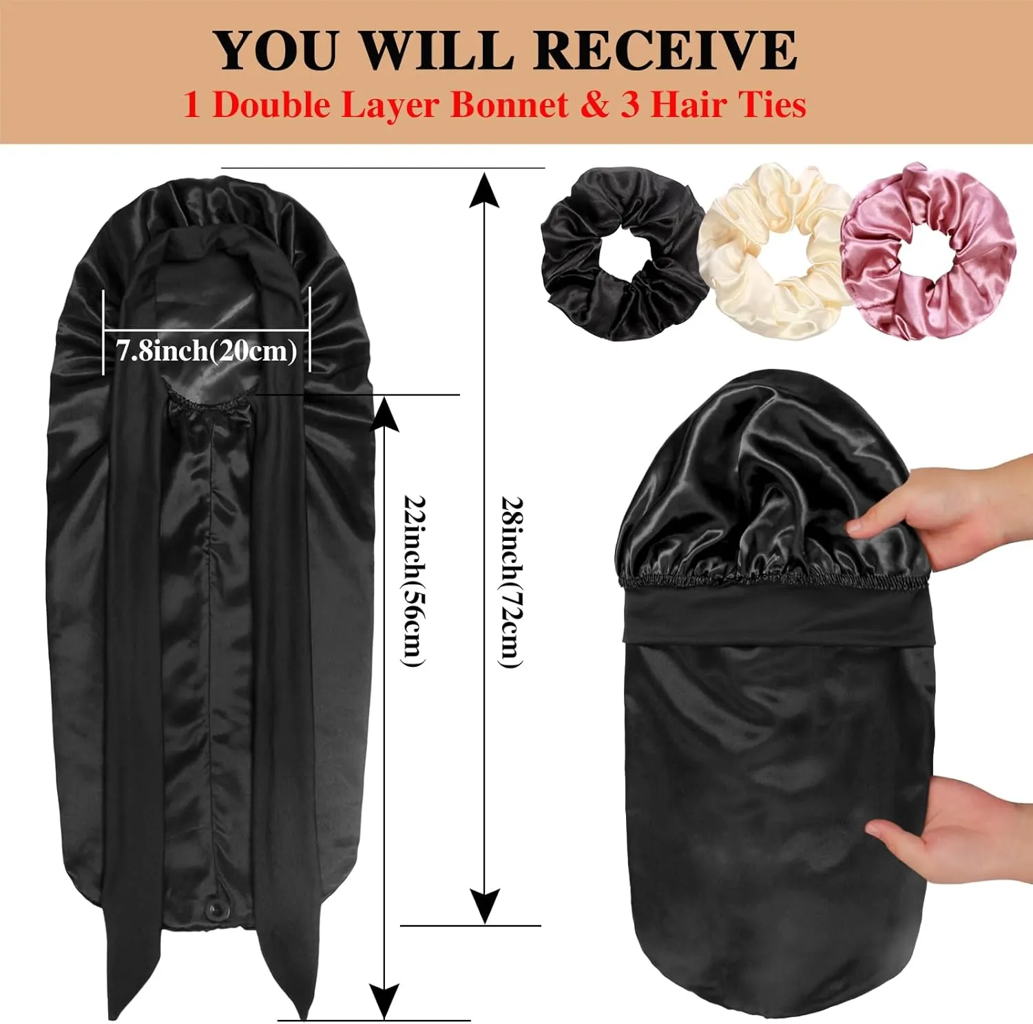 1 3 Long Satin Bonnets with Scrunchies for Women Sleeping, Double Layer Large Braid Bonnet with Tie Band