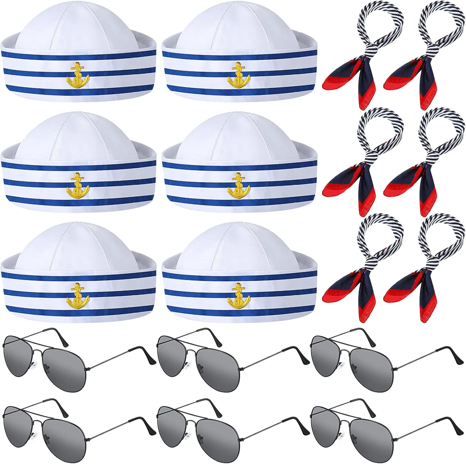18 Pieces Sailor Costume Accessories Sailor Hat and Scarf Sunglasses Navy Blue with White Nautical Cap Satin Scarf Polarized Sunglasses for Women Men Costume Accessory Dressing up Party