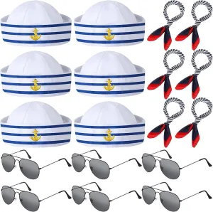 18 Pieces Sailor Costume Accessories Sailor Hat and Scarf Sunglasses Navy Blue with White Nautical Cap Satin Scarf Polarized Sunglasses for Women Men Costume Accessory Dressing up Party