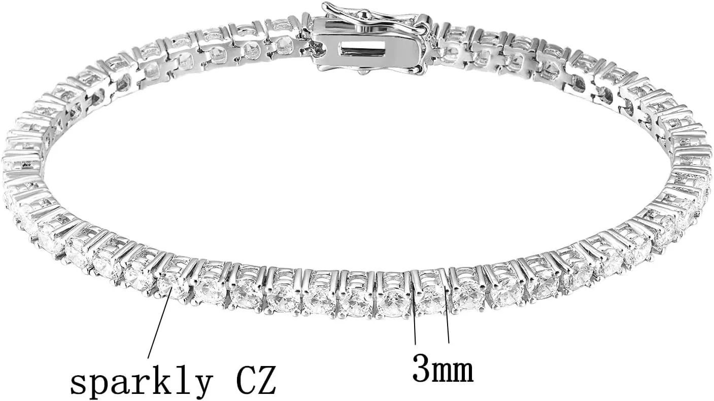 18K White Gold Plated 3mm Round CZ Classic Tennis Bracelet for Women and Men Diamond Chain Sizes 6-9 Inches 4 Prong