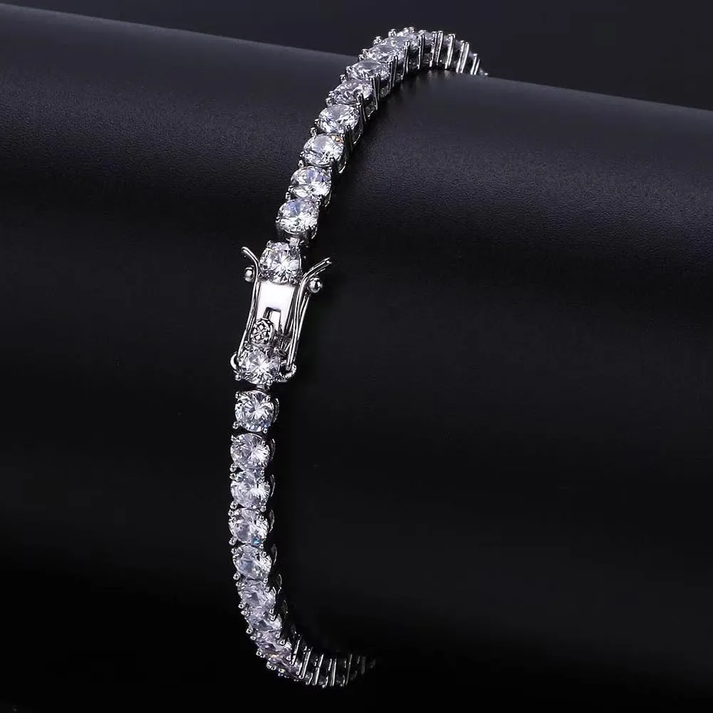 18K White Gold Plated 3mm Round CZ Classic Tennis Bracelet for Women and Men Diamond Chain Sizes 6-9 Inches 4 Prong