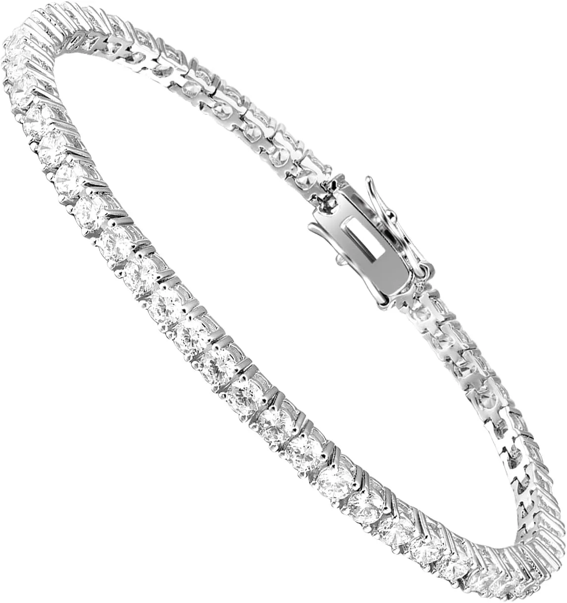 18K White Gold Plated 3mm Round CZ Classic Tennis Bracelet for Women and Men Diamond Chain Sizes 6-9 Inches 4 Prong