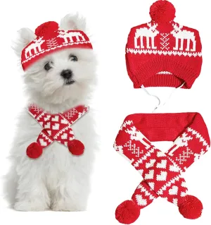 2 Pieces Christmas Pet Hat Scarf Set Winter Warm Puppy Collar Knitting Pet Hat Dog Cat Costume Accessories Adjustable Print Scarf and Hat for Small to Medium Pets (Small, Deer)