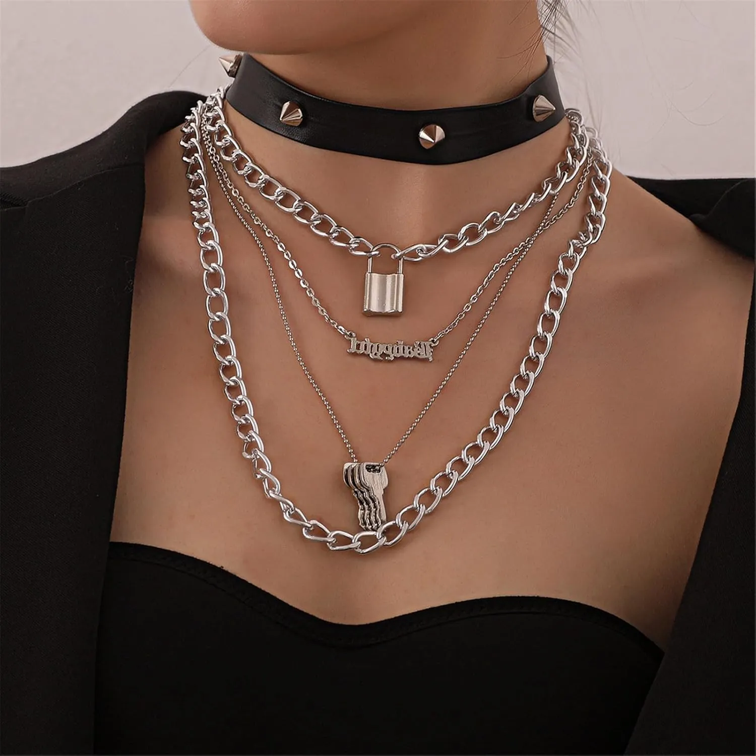 3-5Pcs Punk Layered Key Lock Chunky Chain Choker Necklace Set Gothic Stacking Safety Pin Spike Rivet Collar Necklace for Men Women Hip Hop Rock Cool Adjustable Bar Party Jewelry