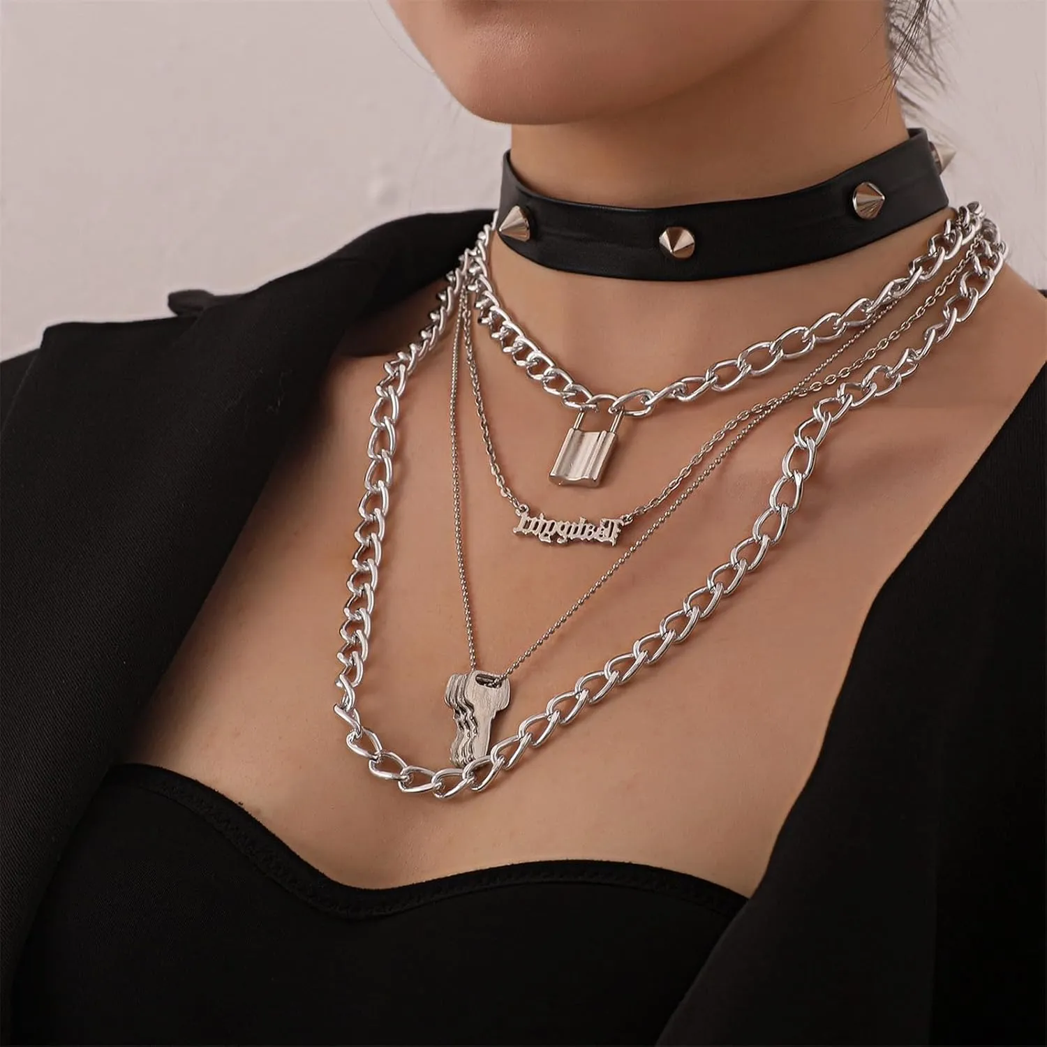 3-5Pcs Punk Layered Key Lock Chunky Chain Choker Necklace Set Gothic Stacking Safety Pin Spike Rivet Collar Necklace for Men Women Hip Hop Rock Cool Adjustable Bar Party Jewelry