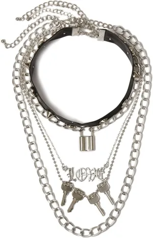 3-5Pcs Punk Layered Key Lock Chunky Chain Choker Necklace Set Gothic Stacking Safety Pin Spike Rivet Collar Necklace for Men Women Hip Hop Rock Cool Adjustable Bar Party Jewelry