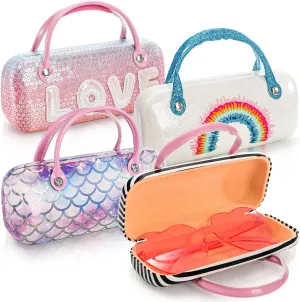 4 Pack Kids Eyeglass Case, Hard Shell Sunglasses Pouch with Handle, Sparkle Glitter Protective Glasses Case, Dazzling Eyeglasses Purse for Women Girls Boys, Makeup Storage Bag Various Pattern