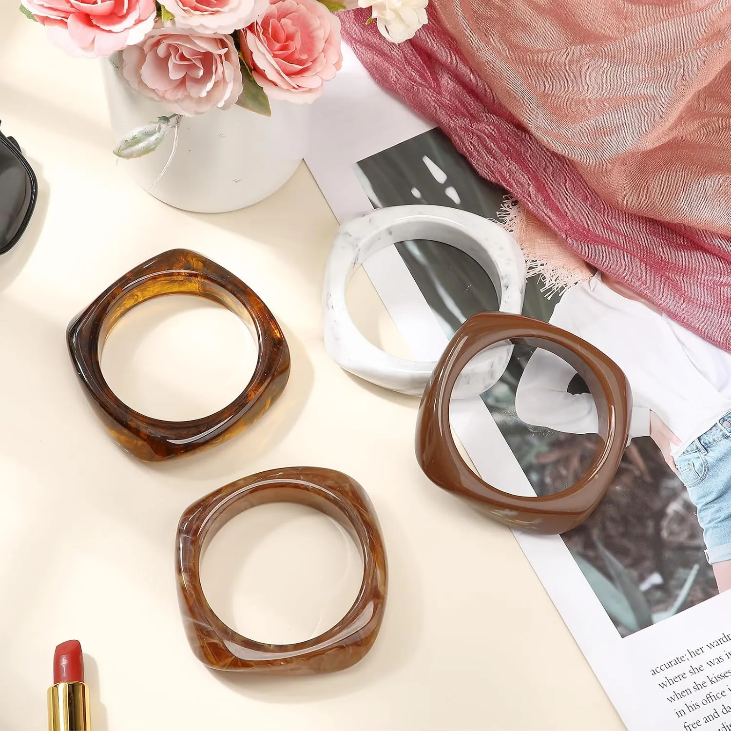 4 Pcs Colorful Square Acrylic Resin Bangle Bracelet Wide Geometric Irregular Wristbands Women