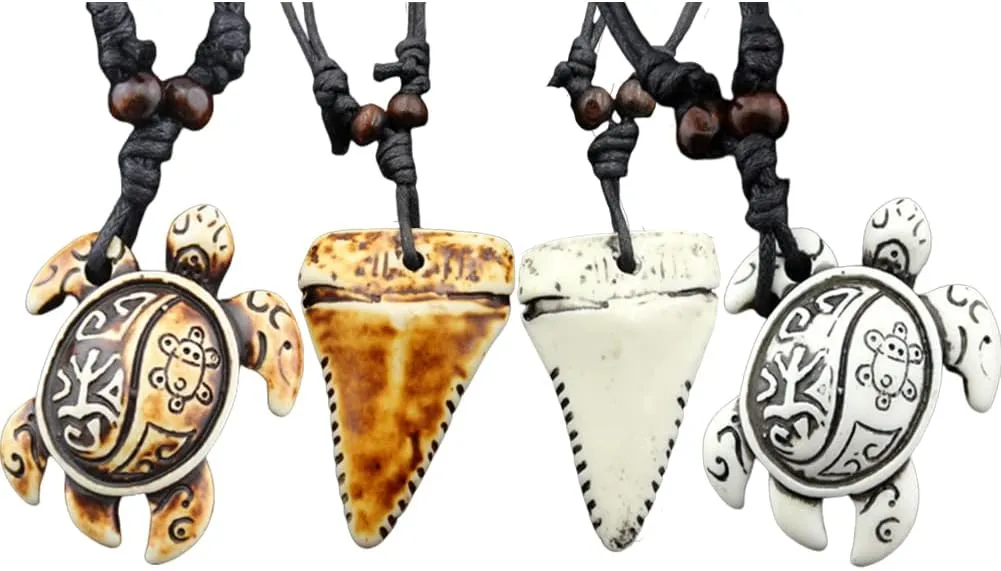 4Pcs Turtle Shark Tooth Necklace Pendant Bohemian Handmade Waterproof Surfer Necklace for Women Men Summer Beach Jewelry Gift