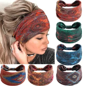 6 Pack Boho Headbands for Women Wide Twist Knotted Head Bands Elastic Stretchy Hair Bands Non-Slip for Girls Vintage Knotted Head Wraps Turbans Yoga Workout Hair Accessories