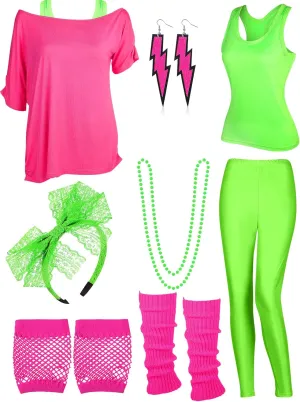 8 Pcs 80s Outfit Women Costume Accessories Set Tee Racerback Legging Pants Anklet Gloves Earring Hairband
