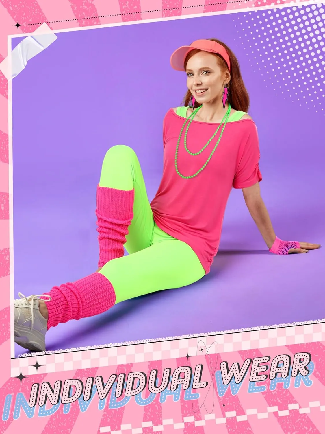 8 Pcs 80s Outfit Women Costume Accessories Set Tee Racerback Legging Pants Anklet Gloves Earring Hairband
