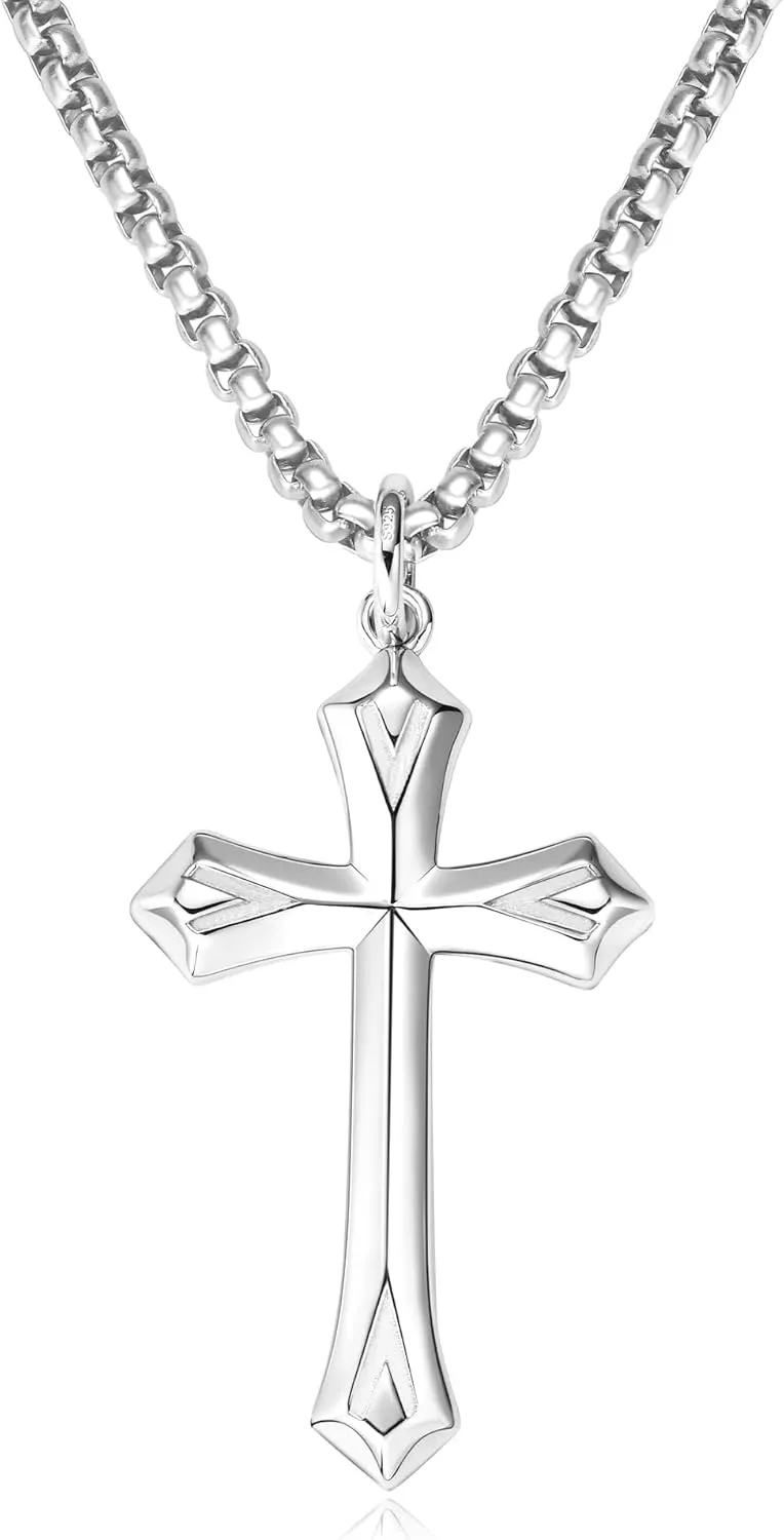 925 Sterling Silver Cross Necklace for Men Women Durable Stainless Steel Rolo Cross Chain 18K White Gold Plated Beveled Edge Black Gothic Rivets Textured Moissanite Crucifix Pendant Necklace 24??