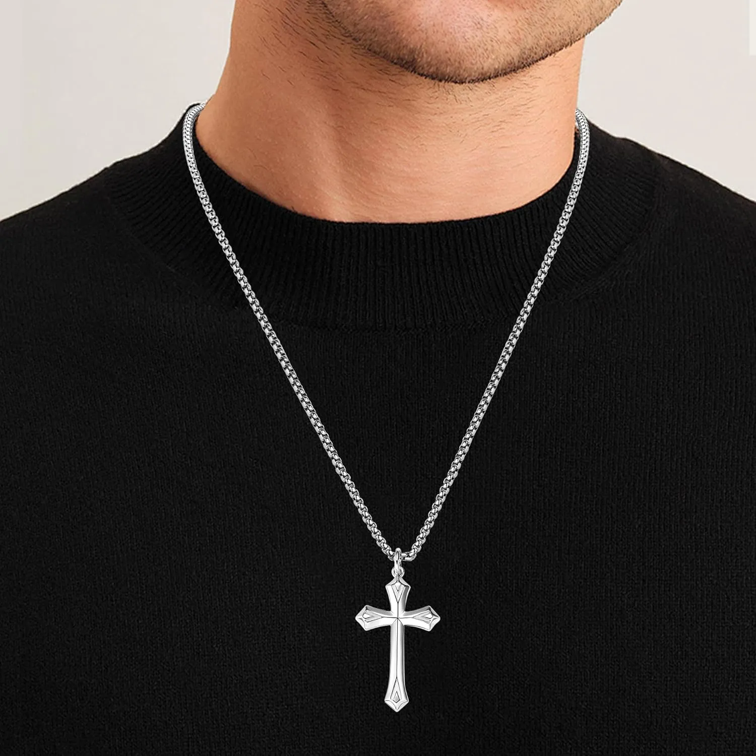 925 Sterling Silver Cross Necklace for Men Women Durable Stainless Steel Rolo Cross Chain 18K White Gold Plated Beveled Edge Black Gothic Rivets Textured Moissanite Crucifix Pendant Necklace 24??