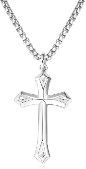 925 Sterling Silver Cross Necklace for Men Women Durable Stainless Steel Rolo Cross Chain 18K White Gold Plated Beveled Edge Black Gothic Rivets Textured Moissanite Crucifix Pendant Necklace 24??