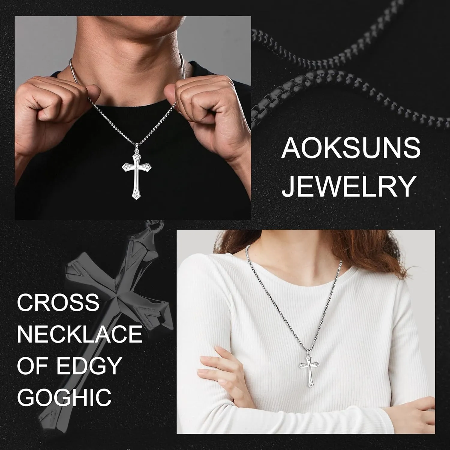 925 Sterling Silver Cross Necklace for Men Women Durable Stainless Steel Rolo Cross Chain 18K White Gold Plated Beveled Edge Black Gothic Rivets Textured Moissanite Crucifix Pendant Necklace 24??