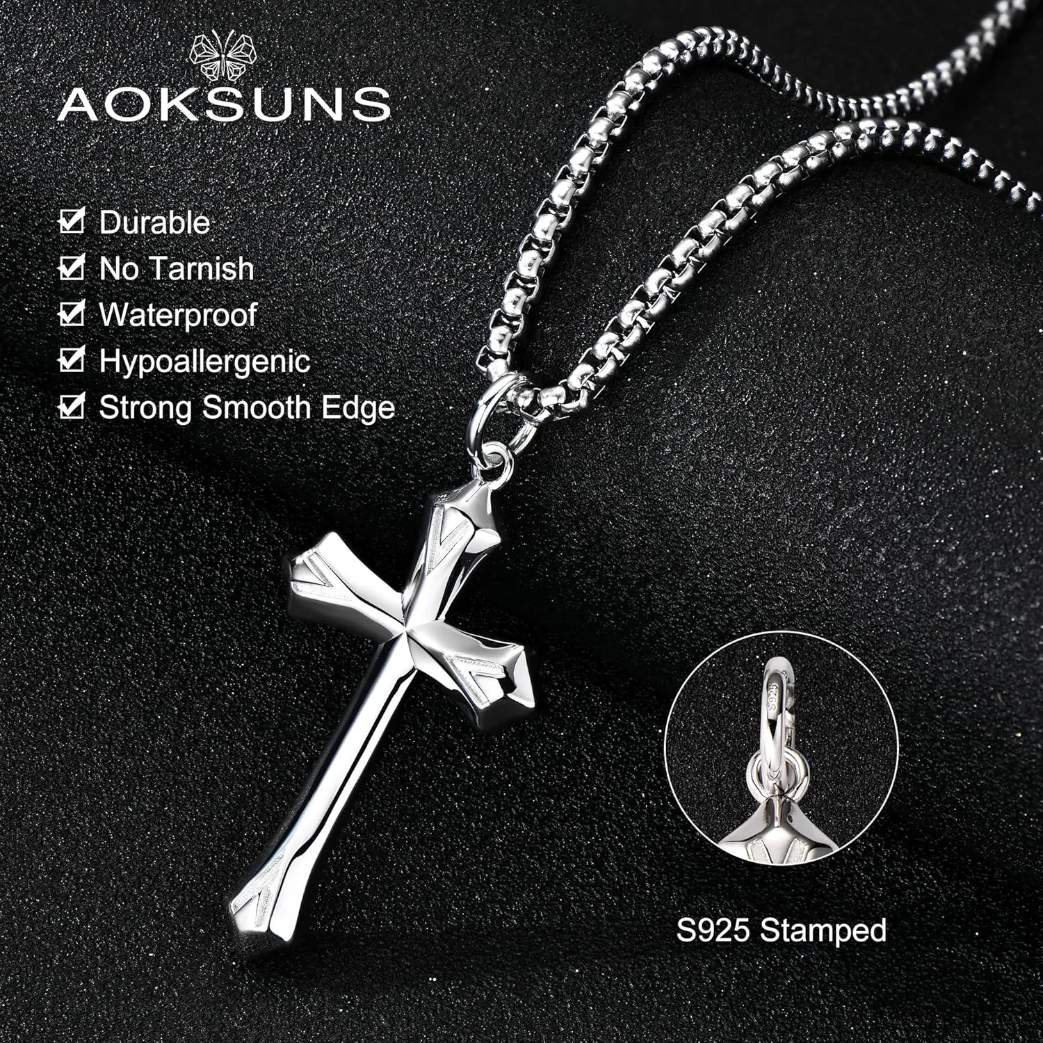 925 Sterling Silver Cross Necklace for Men Women Durable Stainless Steel Rolo Cross Chain 18K White Gold Plated Beveled Edge Black Gothic Rivets Textured Moissanite Crucifix Pendant Necklace 24??
