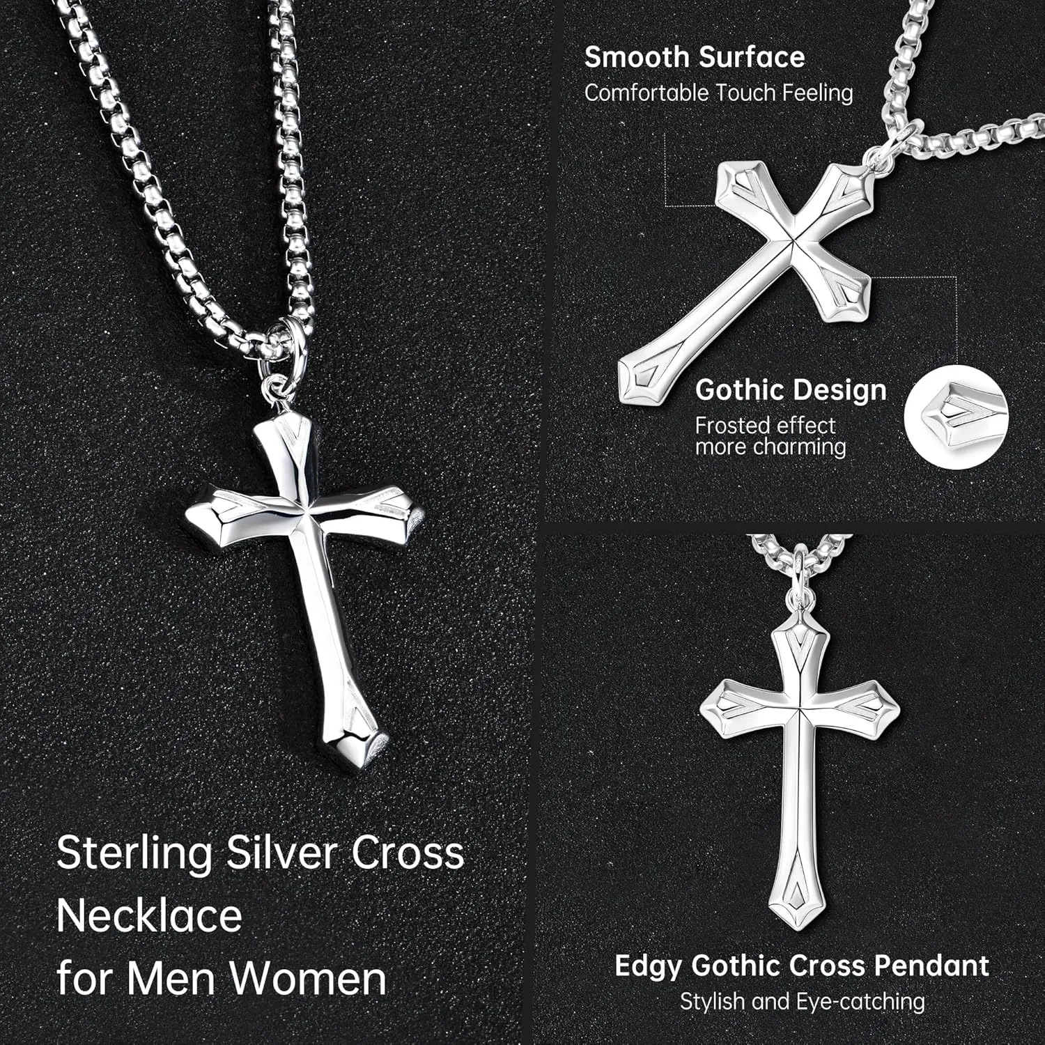 925 Sterling Silver Cross Necklace for Men Women Durable Stainless Steel Rolo Cross Chain 18K White Gold Plated Beveled Edge Black Gothic Rivets Textured Moissanite Crucifix Pendant Necklace 24??