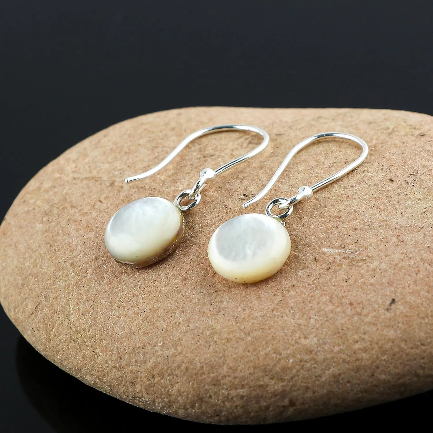 925 Sterling Silver Dainty Earring, Shell Pearl Round Cabochon Earrings, Natural Gemstones, Handmade, Healing Crystals, Anniversary Women Jewelry