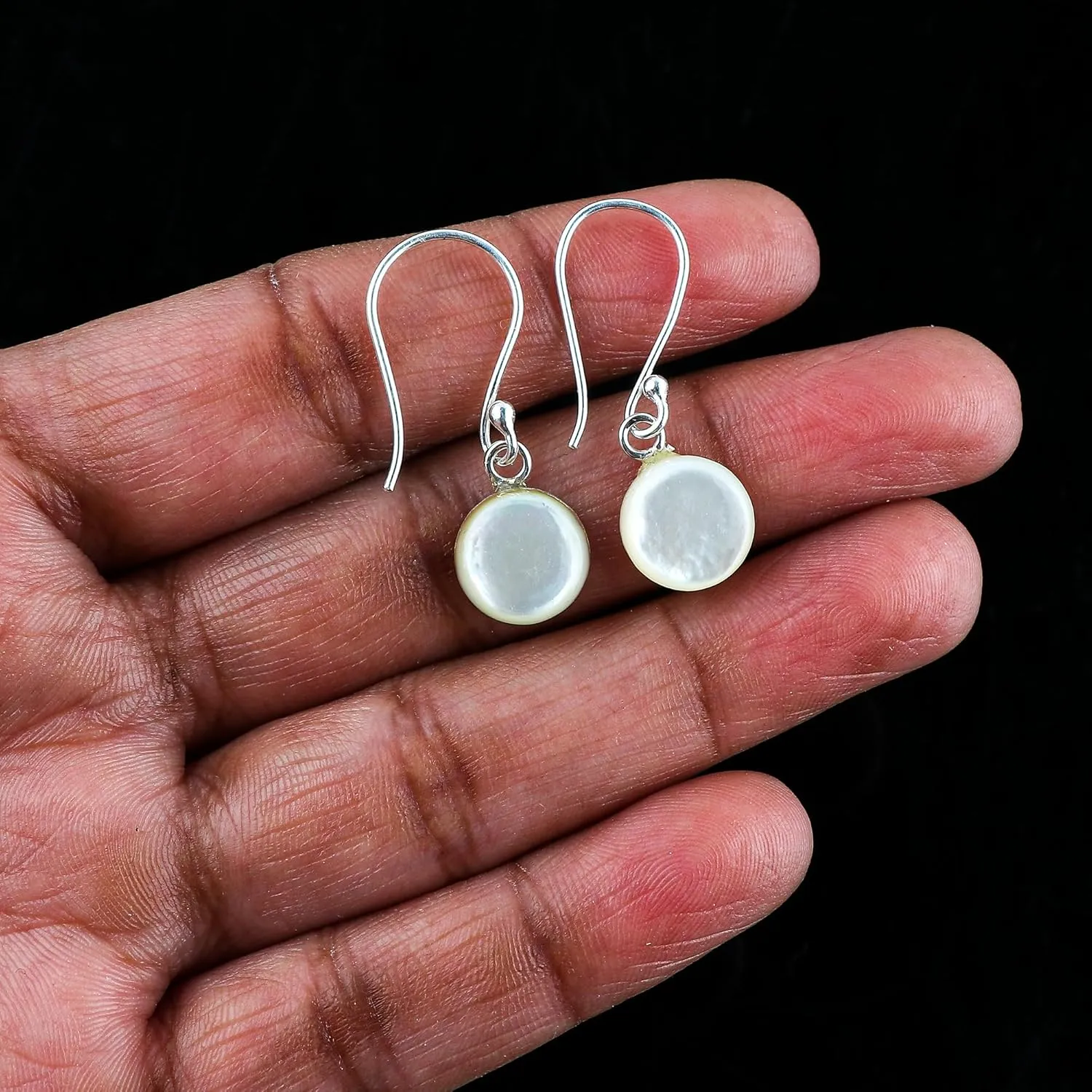 925 Sterling Silver Dainty Earring, Shell Pearl Round Cabochon Earrings, Natural Gemstones, Handmade, Healing Crystals, Anniversary Women Jewelry