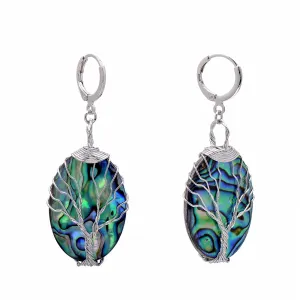 Abalone Shell Tree of Life Dangle Leverback Earrings for Women, Oval Shaped/Iridescent Color