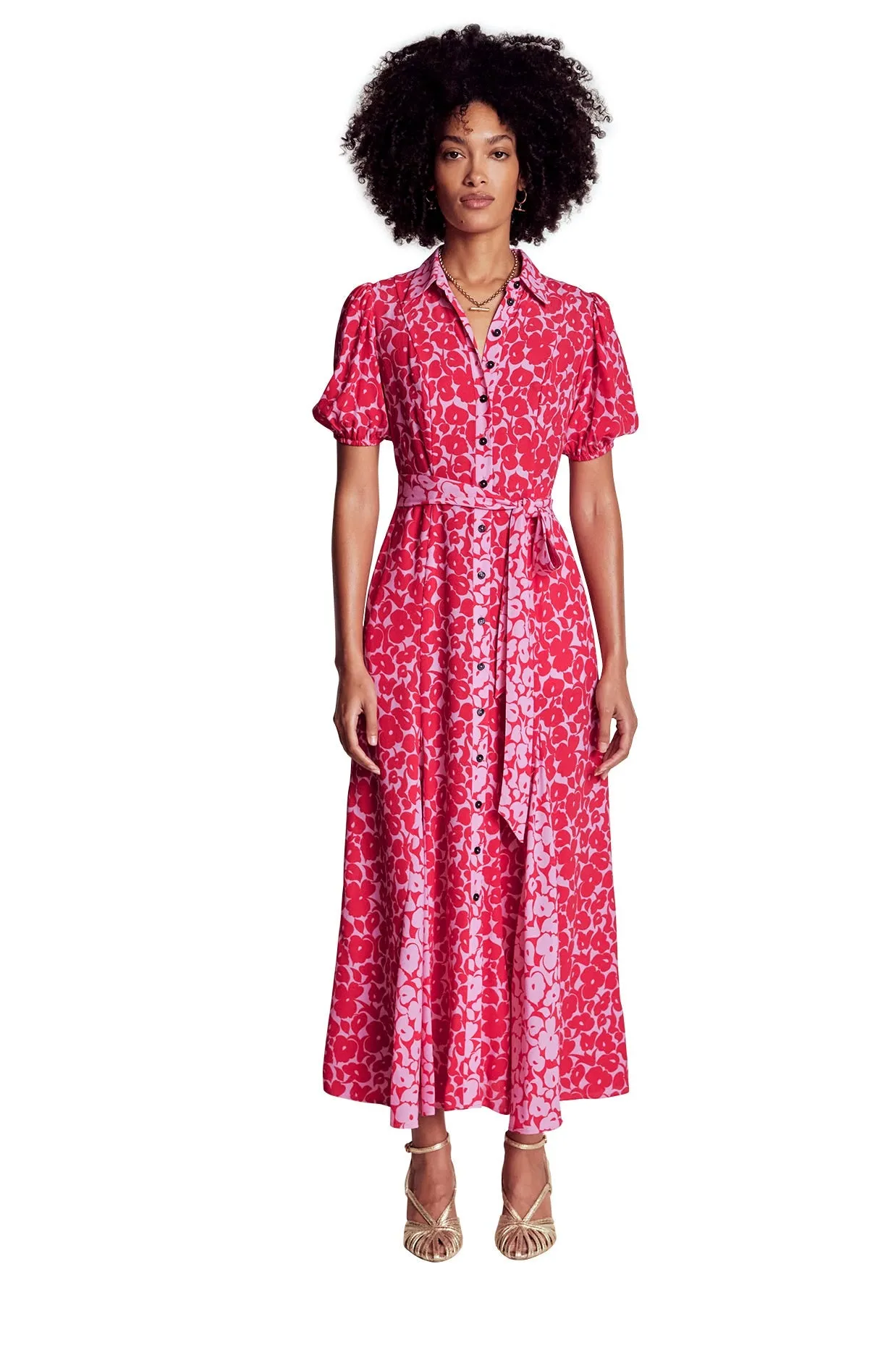 Alegra Midi Shirt Dress-Jewel Red, Leafy Grove