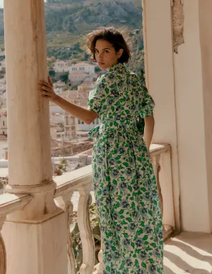 Alexa Maxi Shirt Dress-Rich Emerald, Ornate Vine