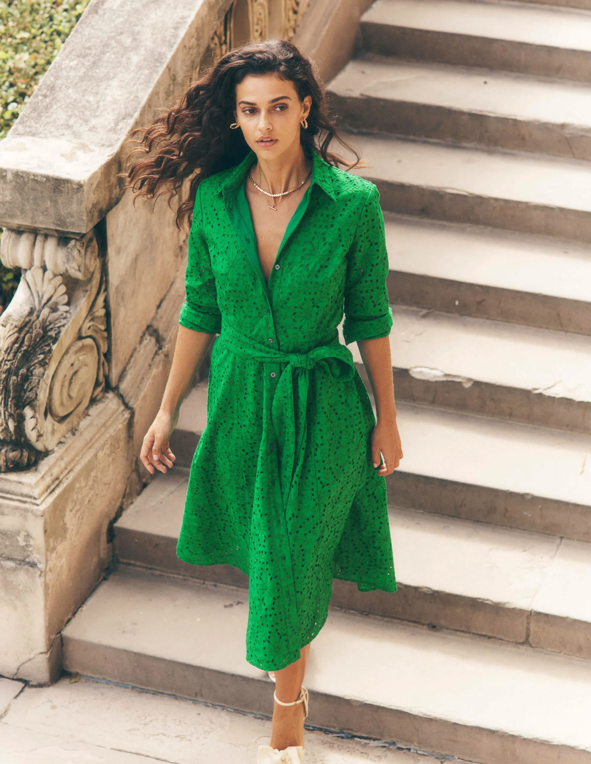 Amy Broderie Midi Shirt Dress-Rich Emerald