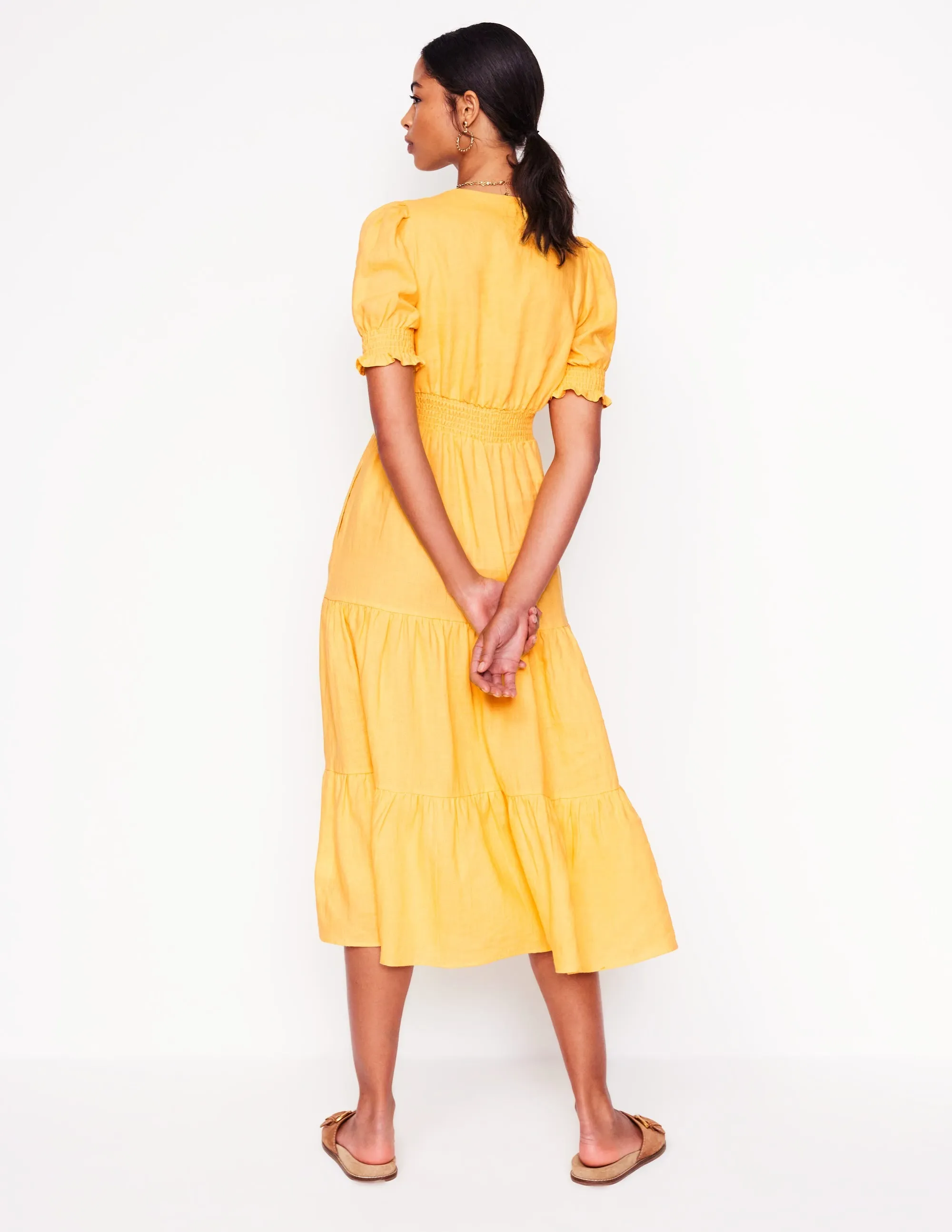 Anna Linen Tiered Midi Dress-Buttermilk Yellow
