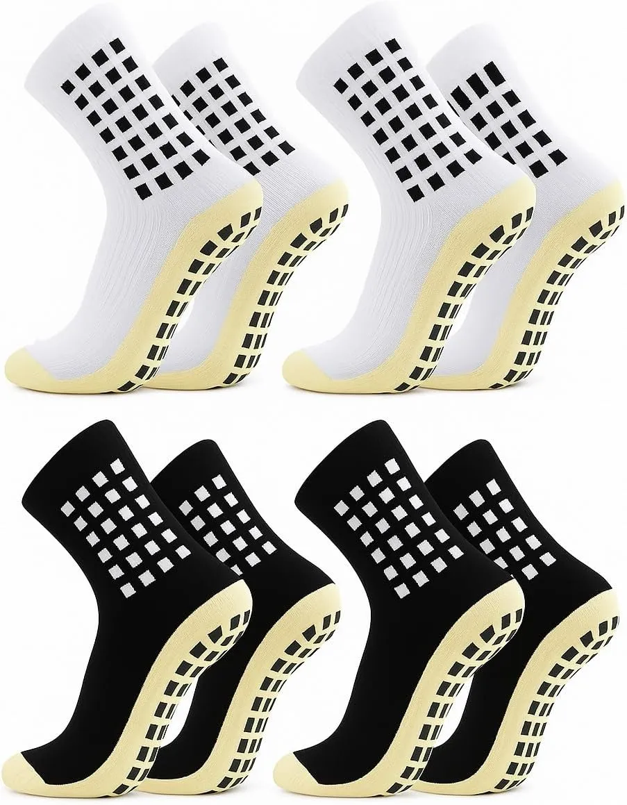 Anti-Slip Grip Socks  4 Pairs for Men and Women, Cushioned Cotton Athletic Socks for Soccer, Gym, Pilates, Yoga  Breathable, Non-Slip Bottom, One Size (Men 8-12, Women 9-13)