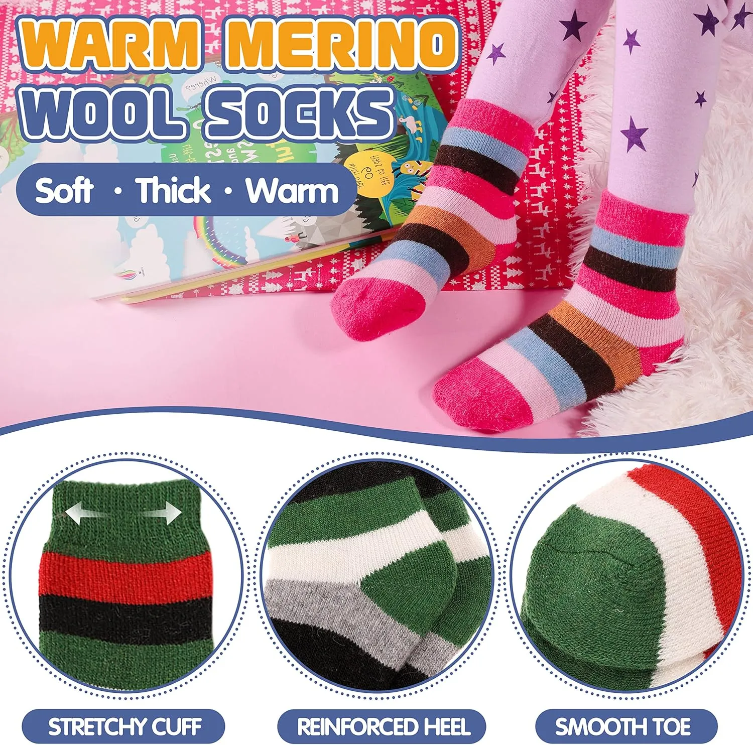 ANTSANG Kids Wool Hiking Socks Winter Warm Thick Thermal Crew Boot Heavy Cozy Gift Snowboarding Socks 6 Pairs