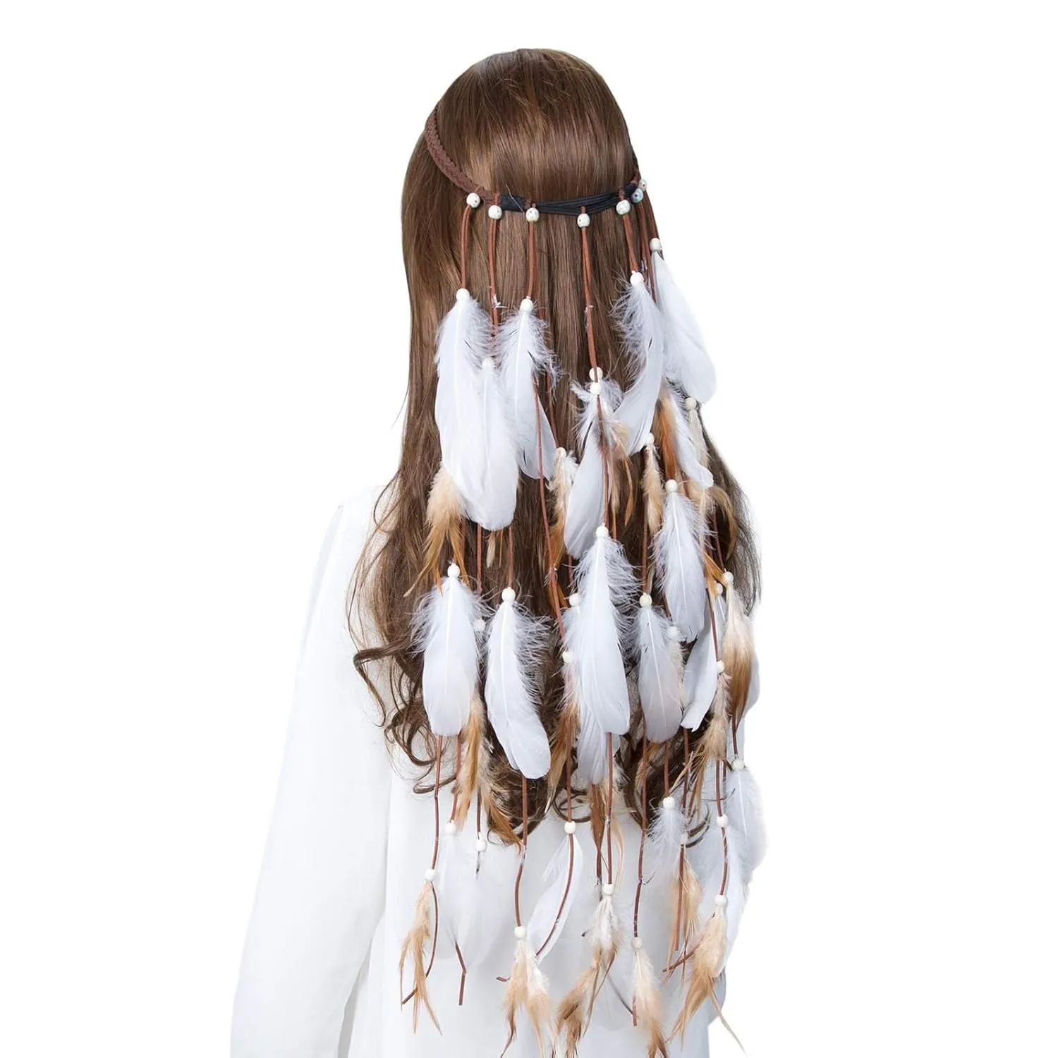 AWAYTR Hippie Feather Headband Boho Headdress Feather Crown Elastic Gypsy Festival Headband Indian Hair Accessories (White#2)