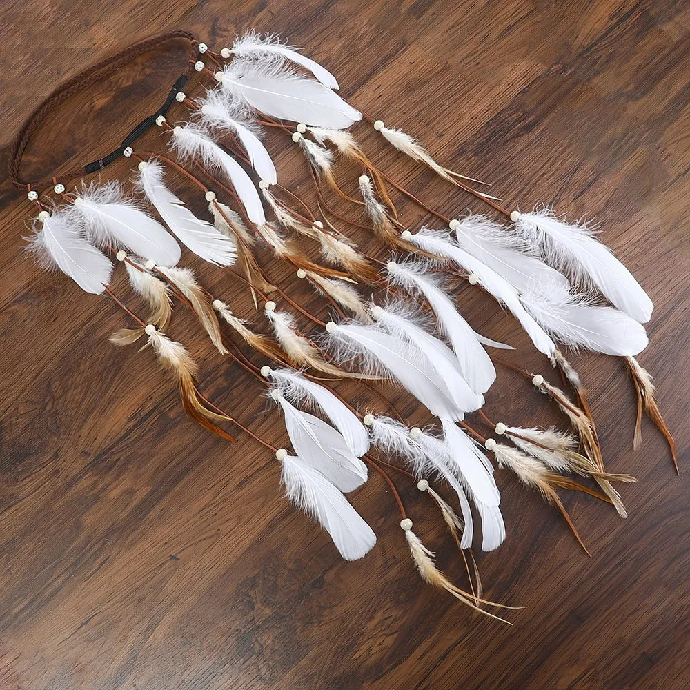 AWAYTR Hippie Feather Headband Boho Headdress Feather Crown Elastic Gypsy Festival Headband Indian Hair Accessories (White#2)