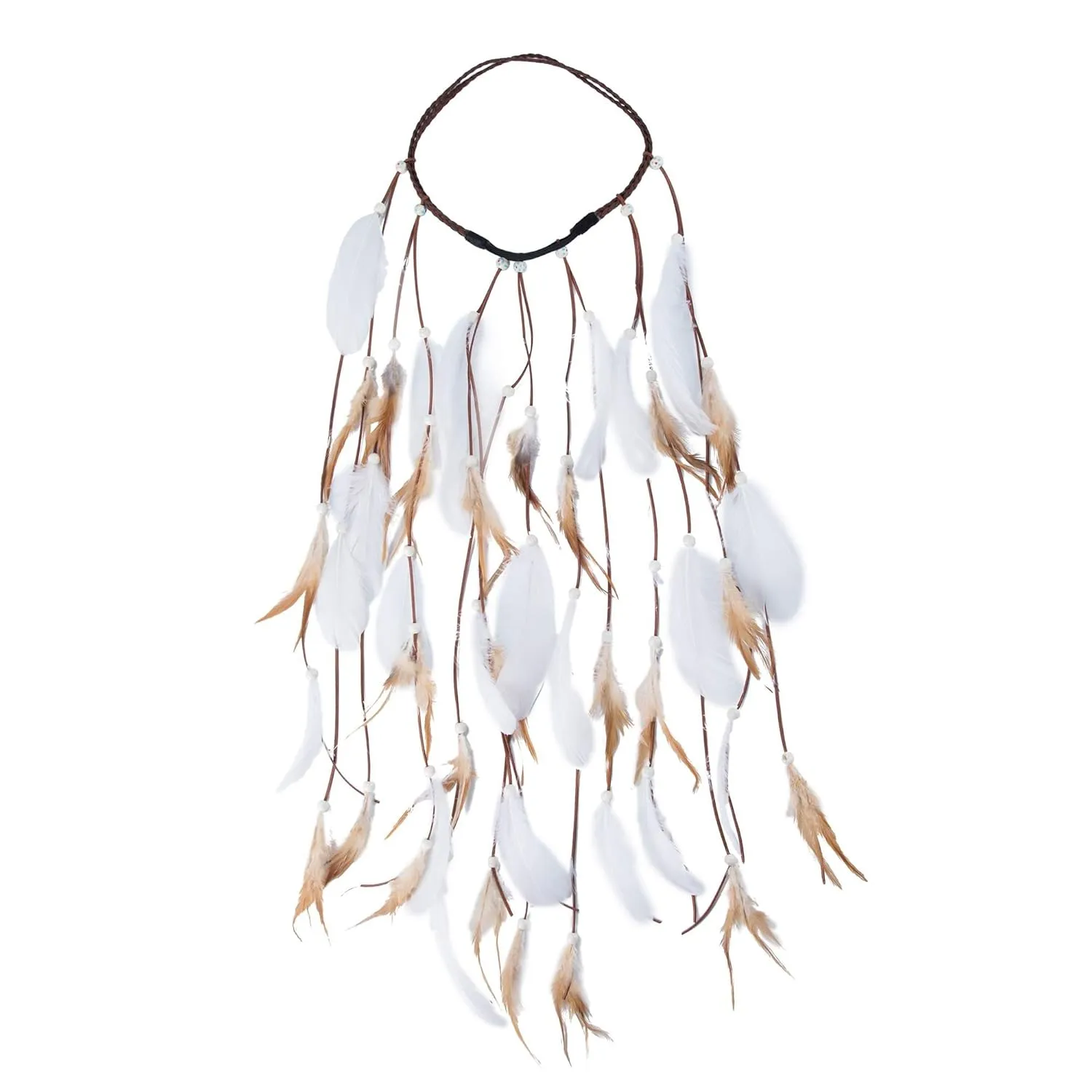 AWAYTR Hippie Feather Headband Boho Headdress Feather Crown Elastic Gypsy Festival Headband Indian Hair Accessories (White#2)