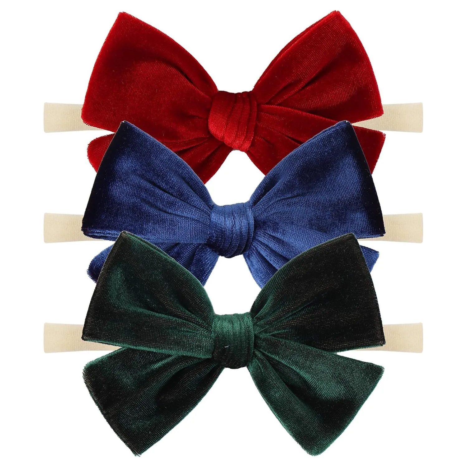 Baby Girls 4" Velvet Hairband Handmade Tied Bow Elastic Nylon Hair Accessories, 3 Pcs Red, Green, Dark Green