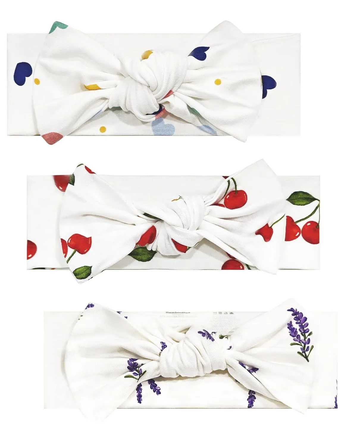 Baby Stretchy Headbands 3Pack Viscose from Bamboo Bow Hairbands Newborn Girls Elastic Bands Hair Accessories, Lavender/Heart/Cherry