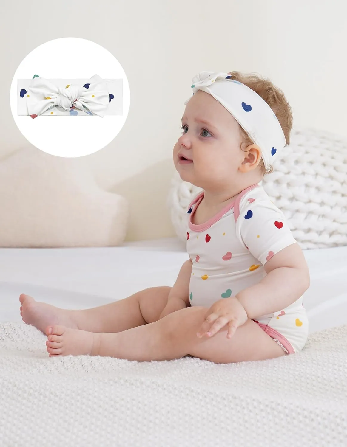Baby Stretchy Headbands 3Pack Viscose from Bamboo Bow Hairbands Newborn Girls Elastic Bands Hair Accessories, Lavender/Heart/Cherry