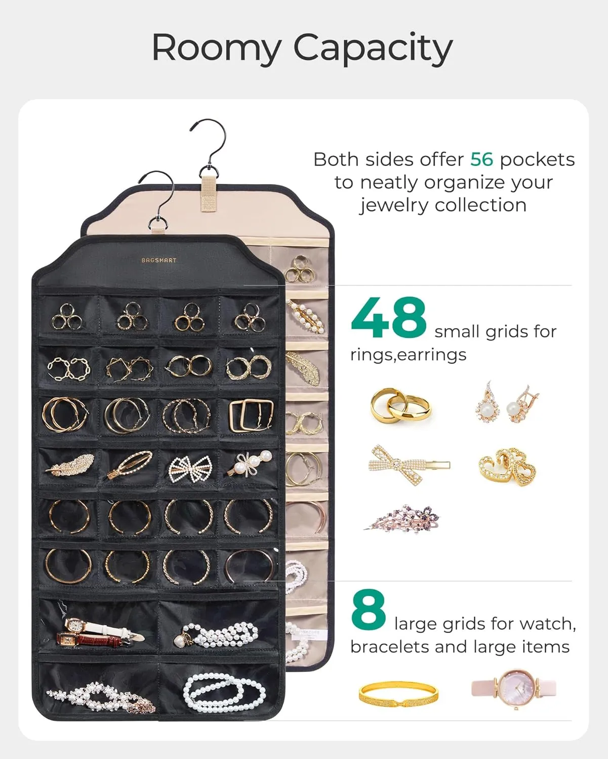 BAGSMART Earring Holder Organizer, Hanging Jewelry 56 Pocket Storage Storage for Women Accessories, Earring for Wall Holding Jewelries Black, 1 Piece
